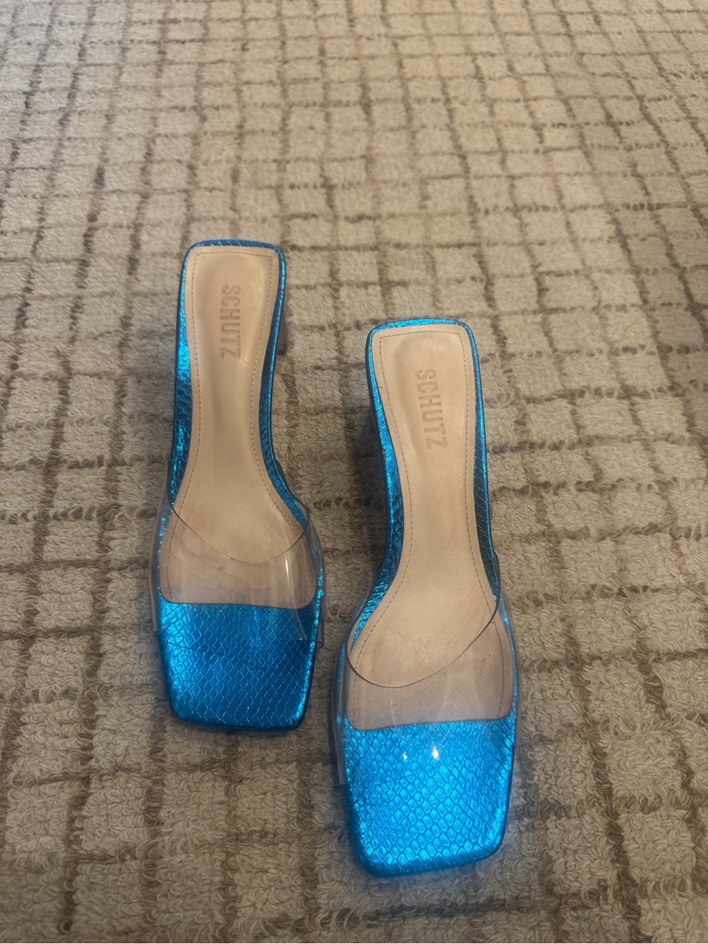 SCHUTZ Blue Metallic Clear Strap Slide Mules
